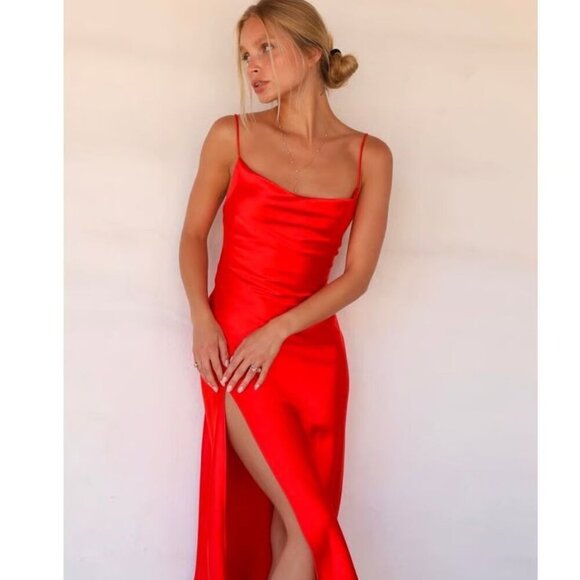 RESA Red Satin Madison Slip Open Back Women MidiDress Size Small - Picture 1 of 12
